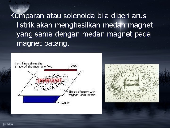 Kumparan atau solenoida bila diberi arus listrik akan menghasilkan medan magnet yang sama dengan