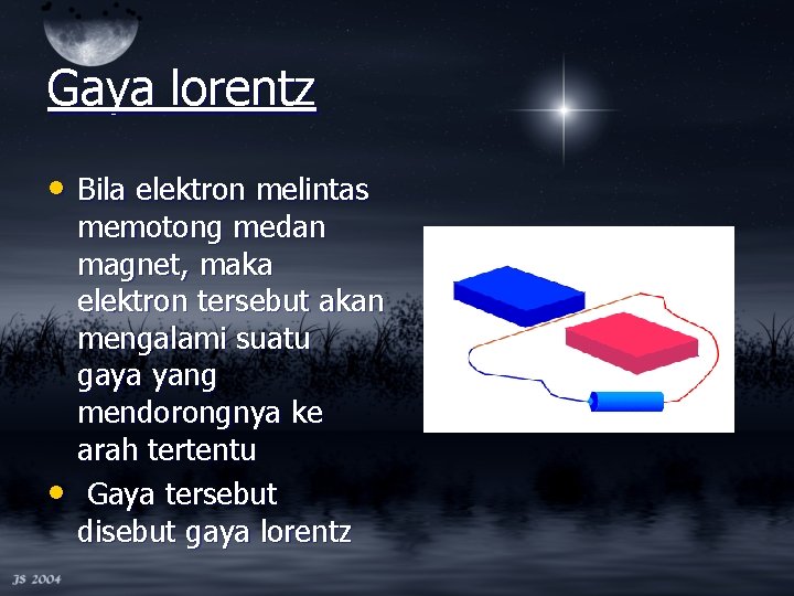 Gaya lorentz • Bila elektron melintas • memotong medan magnet, maka elektron tersebut akan