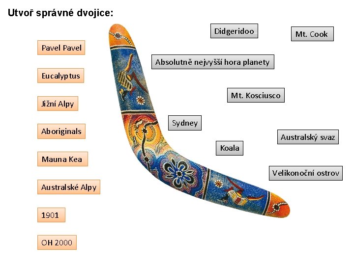 Utvoř správné dvojice: Didgeridoo Mt. Cook Pavel Absolutně nejvyšší hora planety Eucalyptus Mt. Kosciusco