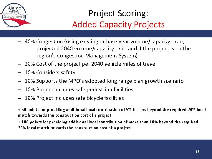 Project Scoring: Added Capacity Projects – 40% Congestion (using existing or base year volume/capacity