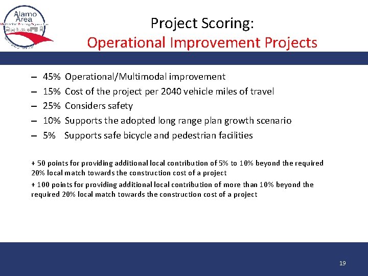 Project Scoring: Operational Improvement Projects – – – 45% 15% 25% 10% 5% Operational/Multimodal
