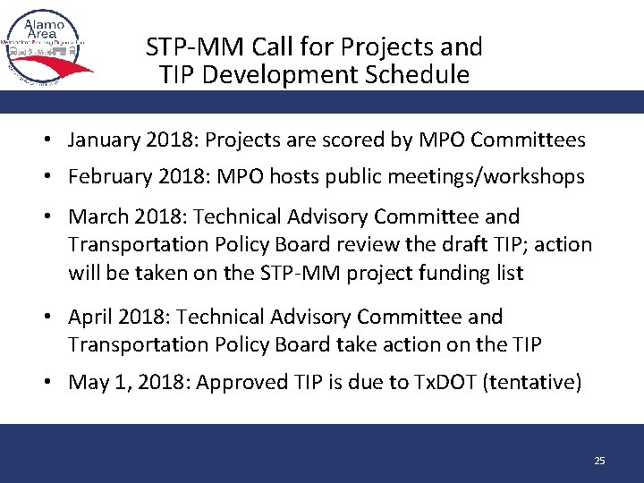 STP-MM Call for Projects and TIP Development Schedule • January 2018: Projects are scored