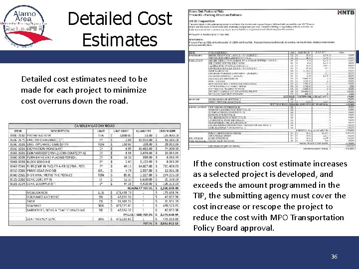 Detailed Cost Estimates Detailed cost estimates need to be made for each project to