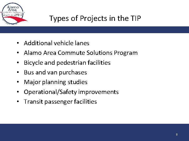 Types of Projects in the TIP • • Additional vehicle lanes Alamo Area Commute