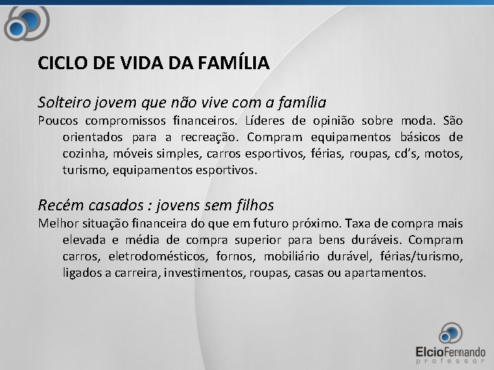 CICLO DE VIDA DA FAMÍLIA Solteiro jovem que não vive com a família Poucos