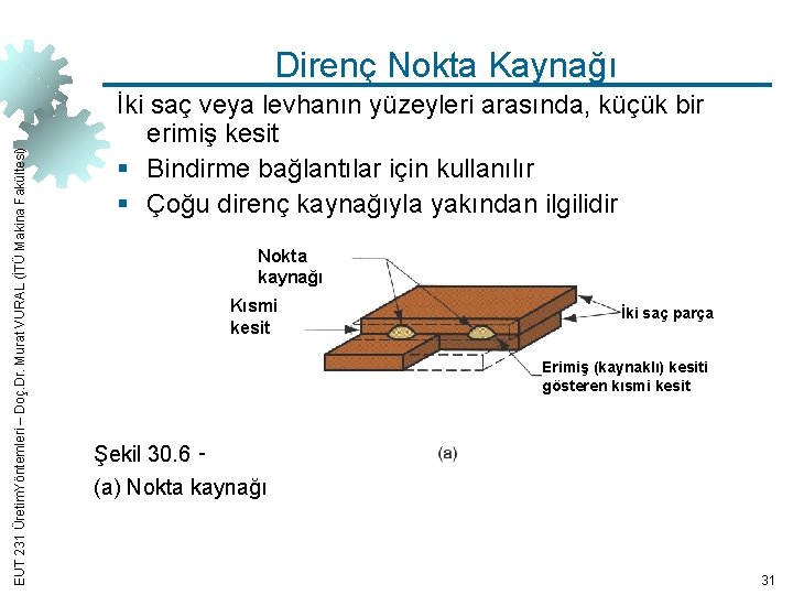 EUT 231 Üretim. Yöntemleri – Doç. Dr. Murat VURAL (İTÜ Makina Fakültesi) Direnç Nokta