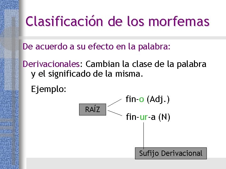 Clasificación de los morfemas De acuerdo a su efecto en la palabra: Derivacionales: Cambian Clasificación de los morfemas De acuerdo a su efecto en la palabra: Derivacionales: Cambian