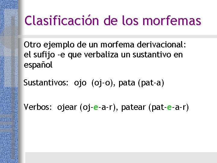 Clasificación de los morfemas Otro ejemplo de un morfema derivacional: el sufijo -e que Clasificación de los morfemas Otro ejemplo de un morfema derivacional: el sufijo -e que