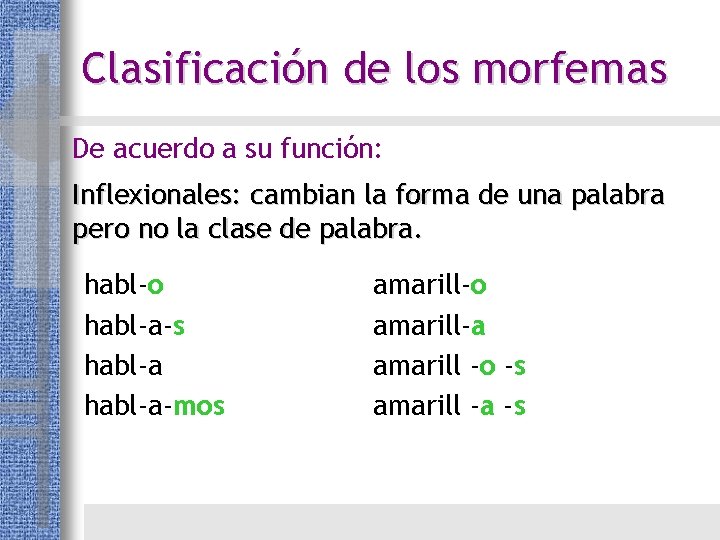 Clasificación de los morfemas De acuerdo a su función: Inflexionales: cambian la forma de Clasificación de los morfemas De acuerdo a su función: Inflexionales: cambian la forma de