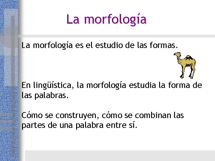 La morfología es el estudio de las formas. En lingüística, la morfología estudia la La morfología es el estudio de las formas. En lingüística, la morfología estudia la