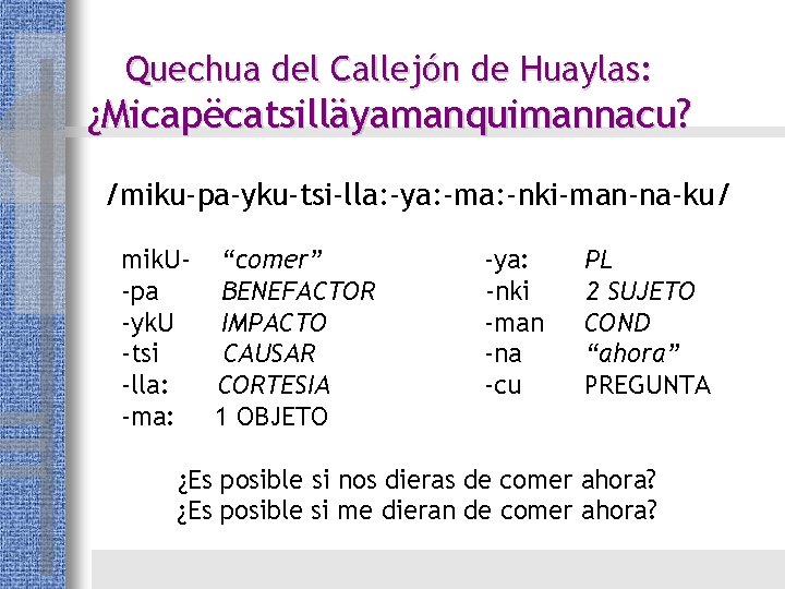 Quechua del Callejón de Huaylas: ¿Micapëcatsilläyamanquimannacu? /miku-pa-yku-tsi-lla: -ya: -ma: -nki-man-na-ku/ mik. U- “comer” -pa Quechua del Callejón de Huaylas: ¿Micapëcatsilläyamanquimannacu? /miku-pa-yku-tsi-lla: -ya: -ma: -nki-man-na-ku/ mik. U- “comer” -pa