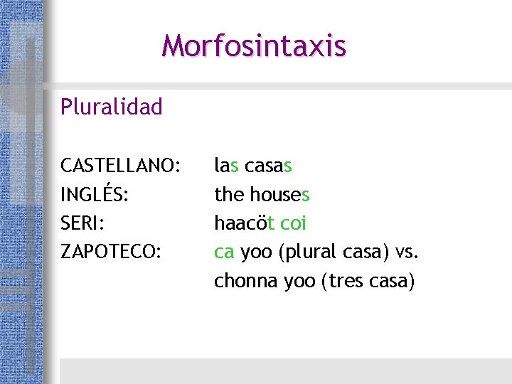 Morfosintaxis Pluralidad CASTELLANO: INGLÉS: SERI: ZAPOTECO: las casas the houses haacöt coi ca yoo Morfosintaxis Pluralidad CASTELLANO: INGLÉS: SERI: ZAPOTECO: las casas the houses haacöt coi ca yoo