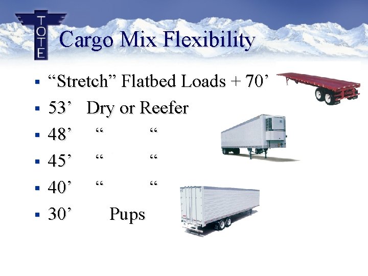 Cargo Mix Flexibility § § § “Stretch” Flatbed Loads + 70’ 53’ Dry or Cargo Mix Flexibility § § § “Stretch” Flatbed Loads + 70’ 53’ Dry or