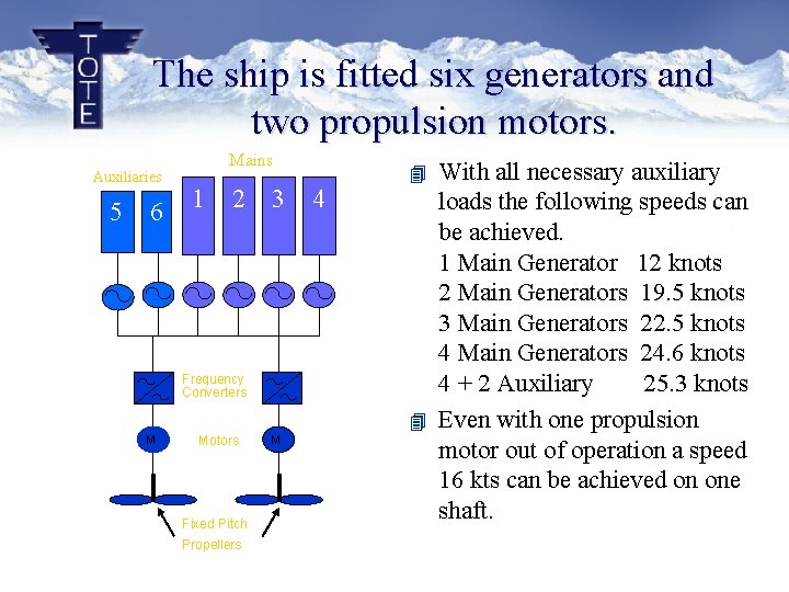 The ship is fitted six generators and two propulsion motors. Auxiliaries 5 6 Mains The ship is fitted six generators and two propulsion motors. Auxiliaries 5 6 Mains