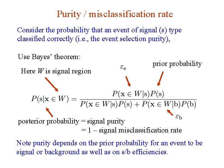 Purity / misclassification rate Consider the probability that an event of signal (s) type