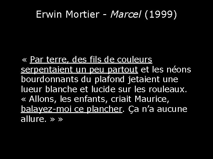 Erwin Mortier - Marcel (1999) « Par terre, des fils de couleurs serpentaient un