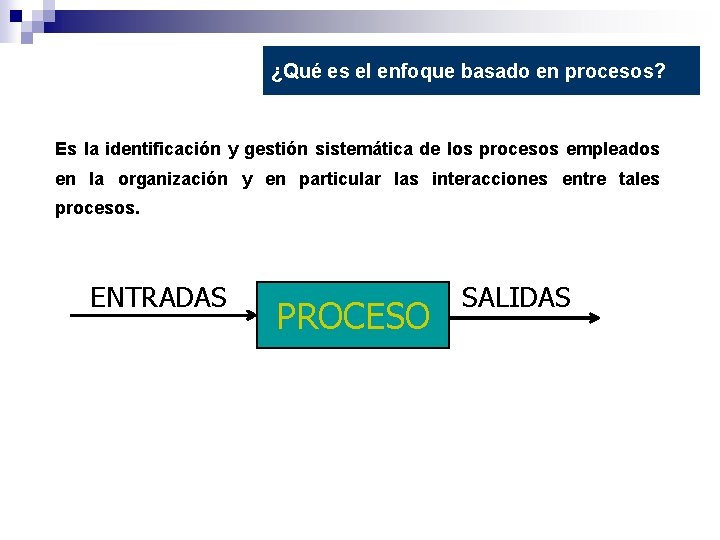 ¿Qué es el enfoque basado en procesos? Es la identificación y gestión sistemática de