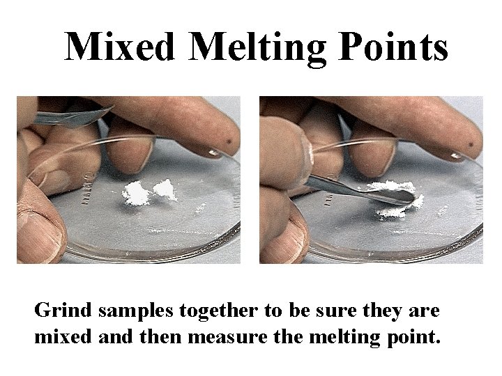 Mixed Melting Points Grind samples together to be sure they are mixed and then