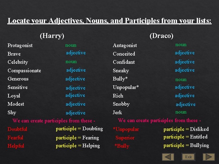 Locate your Adjectives, Nouns, and Participles from your lists: (Harry) (Draco) Antagonist noun Brave