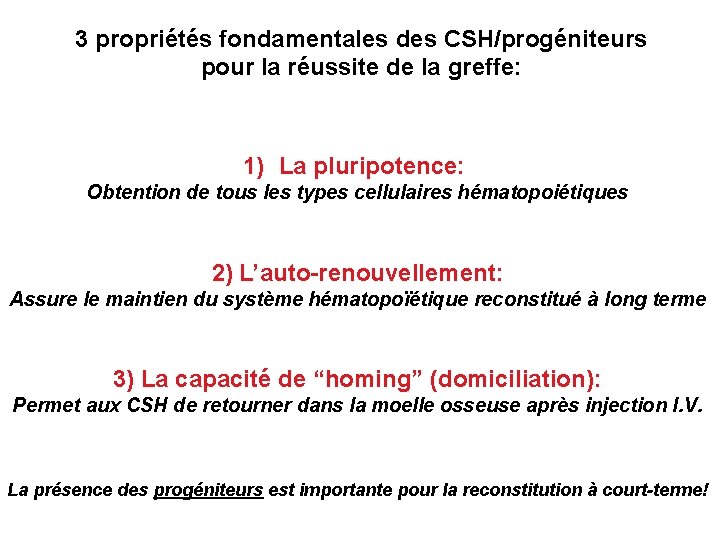 3 propriétés fondamentales des CSH/progéniteurs pour la réussite de la greffe: 1) La pluripotence: