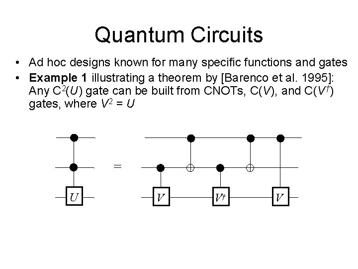 Quantum Circuits • Ad hoc designs known for many specific functions and gates •