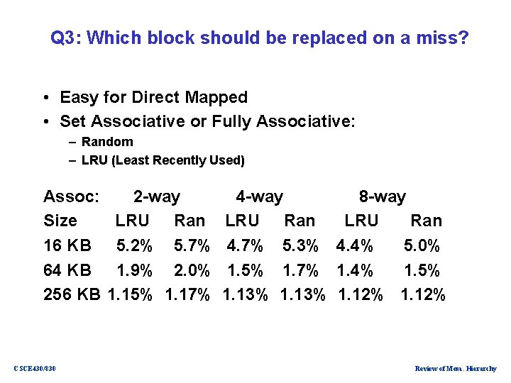 Q 3: Which block should be replaced on a miss? • Easy for Direct