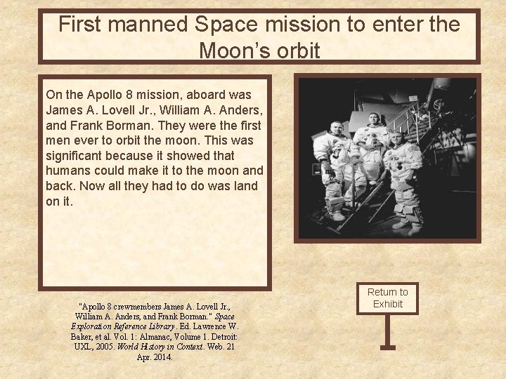First manned Space mission to enter the Moon’s orbit On the Apollo 8 mission,