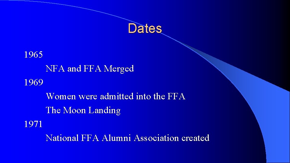 Dates 1965 NFA and FFA Merged 1969 Women were admitted into the FFA The