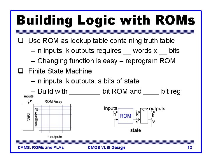 Building Logic with ROMs q Use ROM as lookup table containing truth table –