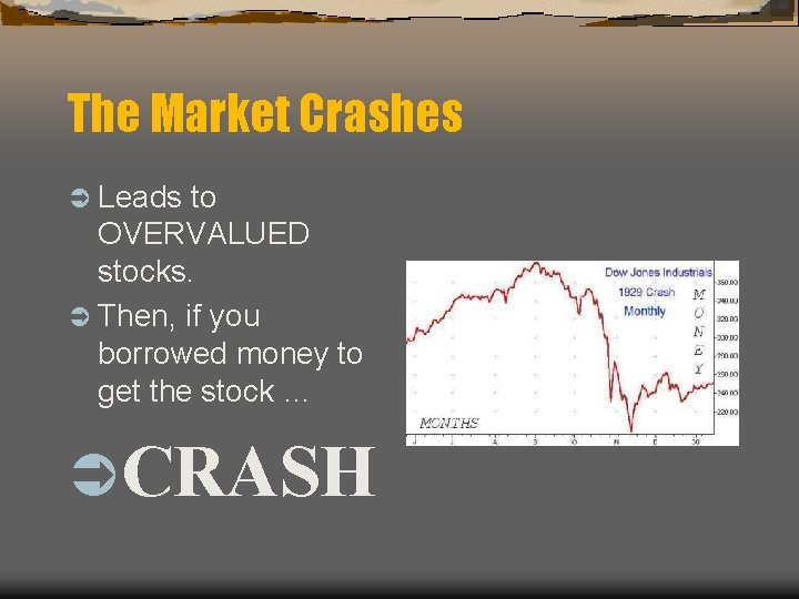 The Market Crashes Ü Leads to OVERVALUED stocks. Ü Then, if you borrowed money