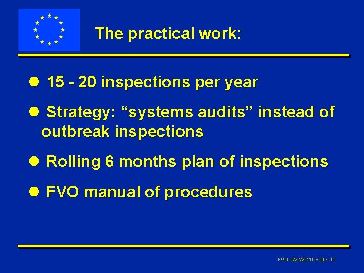 The practical work: l 15 - 20 inspections per year l Strategy: “systems audits”