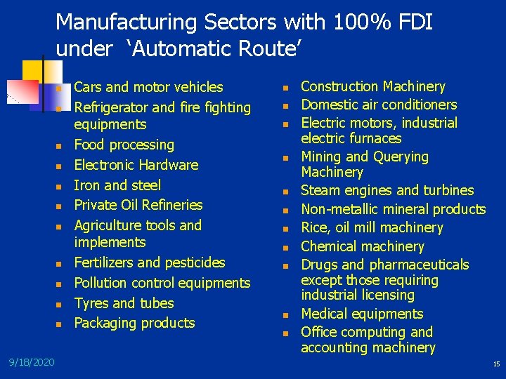 Manufacturing Sectors with 100% FDI under ‘Automatic Route’ n n n 9/18/2020 Cars and