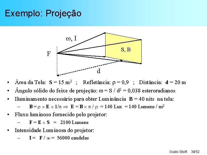 Exemplo: Projeção , I S, B F d • Área da Tela: S =