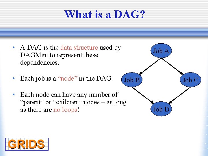 What is a DAG? • A DAG is the data structure used by DAGMan