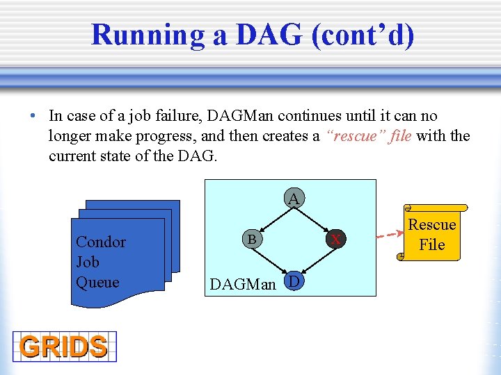 Running a DAG (cont’d) • In case of a job failure, DAGMan continues until