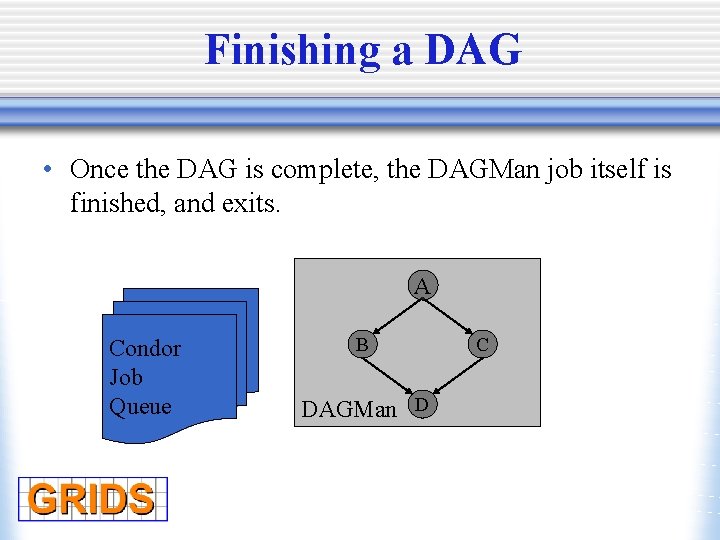 Finishing a DAG • Once the DAG is complete, the DAGMan job itself is