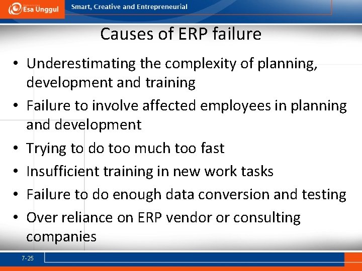 Causes of ERP failure • Underestimating the complexity of planning, development and training •