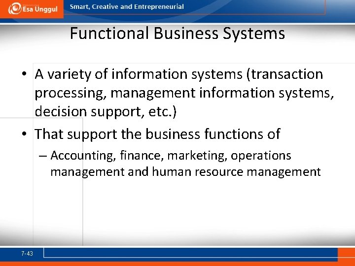 Functional Business Systems • A variety of information systems (transaction processing, management information systems,