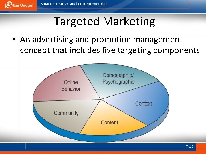 Targeted Marketing • An advertising and promotion management concept that includes five targeting components