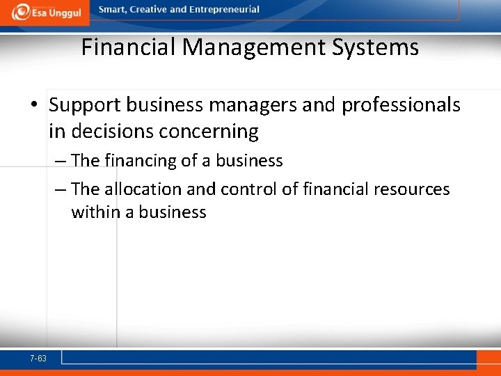 Financial Management Systems • Support business managers and professionals in decisions concerning – The