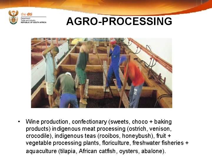 AGRO-PROCESSING • Wine production, confectionary (sweets, choco + baking products) indigenous meat processing (ostrich,