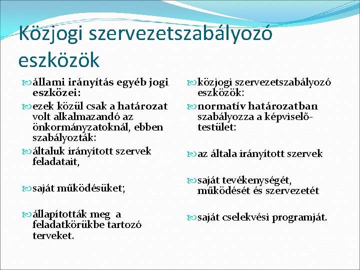 Közjogi szervezetszabályozó eszközök állami irányítás egyéb jogi eszközei: ezek közül csak a határozat volt Közjogi szervezetszabályozó eszközök állami irányítás egyéb jogi eszközei: ezek közül csak a határozat volt