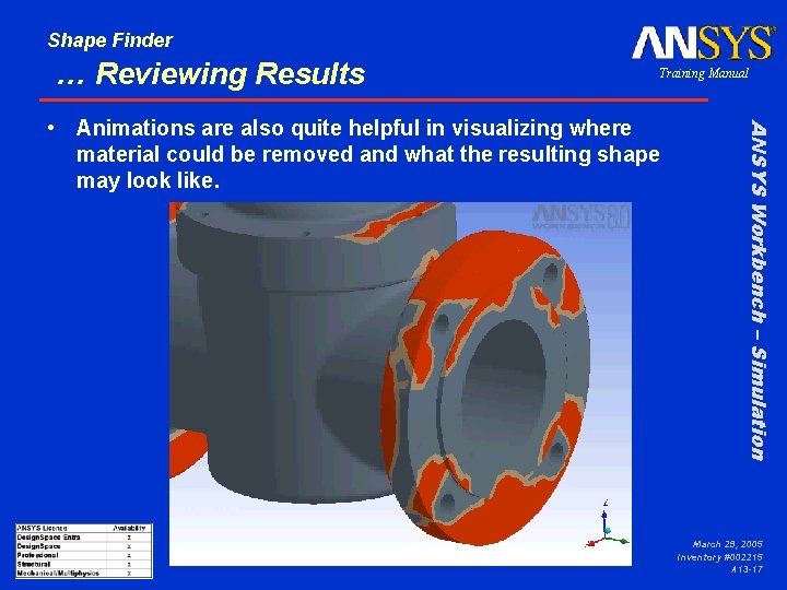 Shape Finder … Reviewing Results Training Manual ANSYS Workbench – Simulation • Animations are