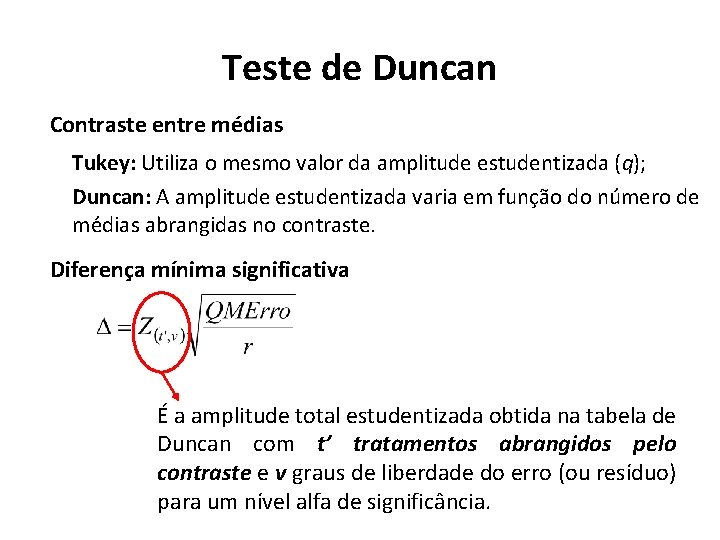 Teste de Duncan Contraste entre médias Tukey: Utiliza o mesmo valor da amplitude estudentizada