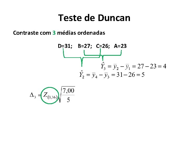 Teste de Duncan Contraste com 3 médias ordenadas D=31; B=27; C=26; A=23 