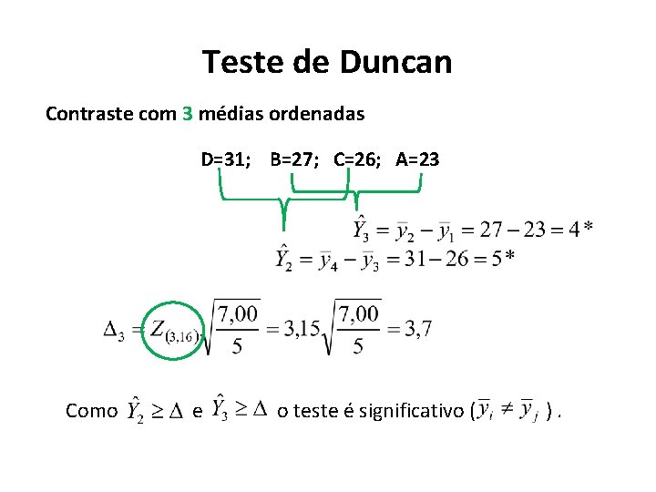 Teste de Duncan Contraste com 3 médias ordenadas D=31; B=27; C=26; A=23 Como e