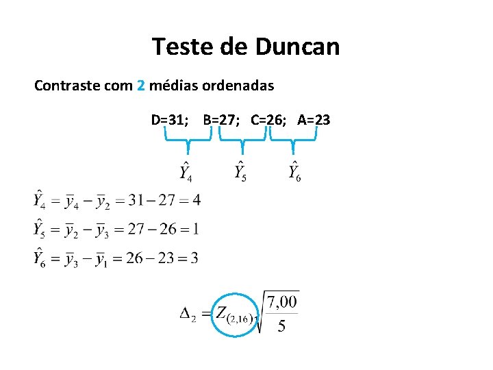 Teste de Duncan Contraste com 2 médias ordenadas D=31; B=27; C=26; A=23 