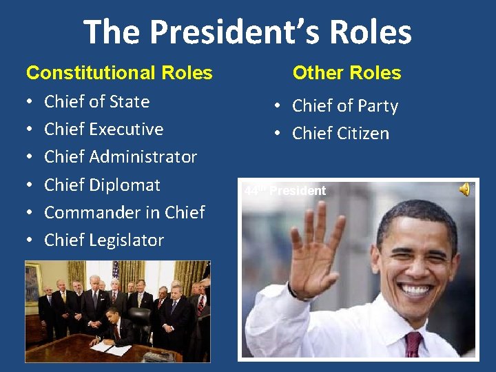The President’s Roles Constitutional Roles • Chief of State • Chief Executive • Chief