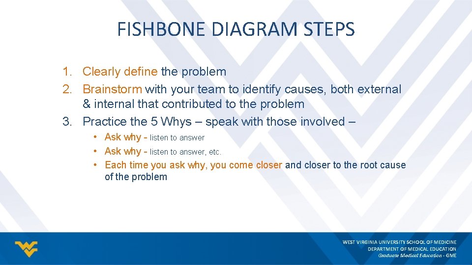 FISHBONE DIAGRAM STEPS 1. Clearly define the problem 2. Brainstorm with your team to