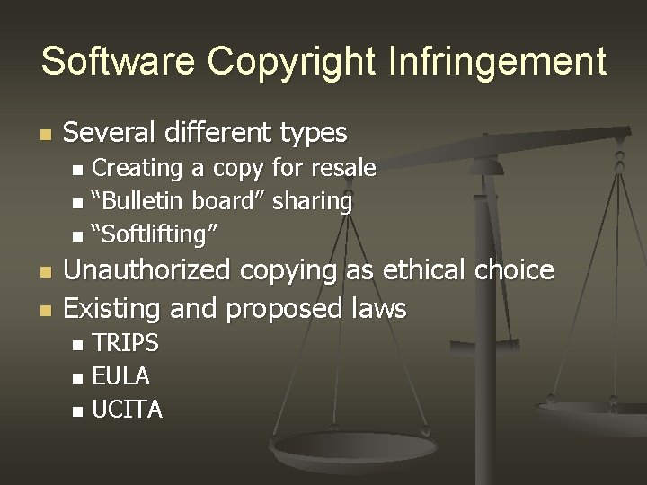 Software Copyright Infringement n Several different types Creating a copy for resale n “Bulletin Software Copyright Infringement n Several different types Creating a copy for resale n “Bulletin